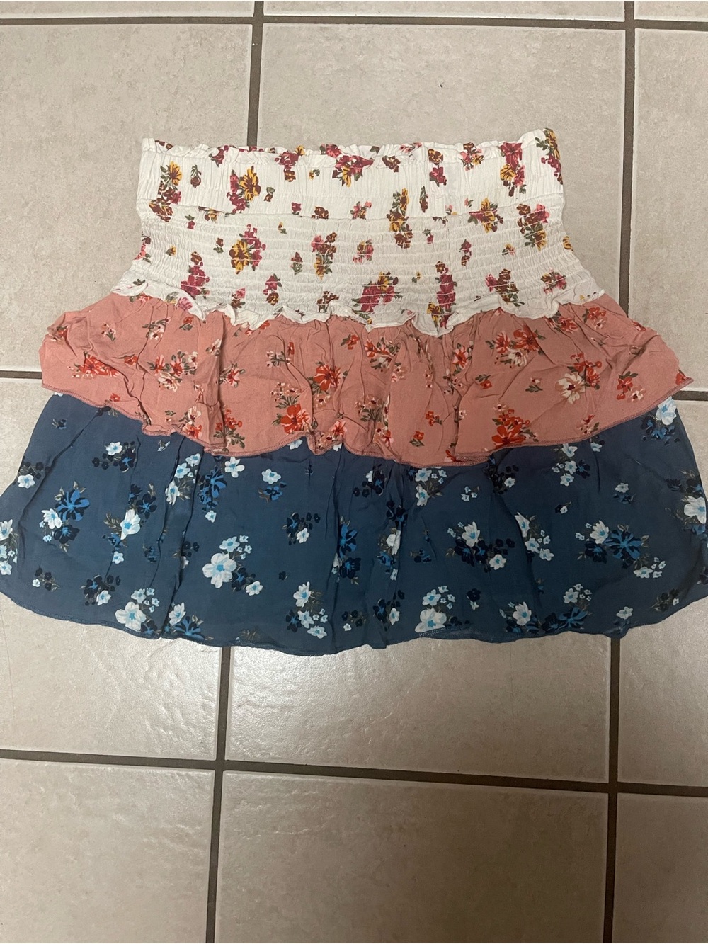 Derek Heart Floral Tiered Mini Skirt - White, Dusty Rose & Navy Blue
